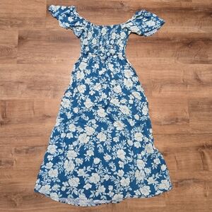 Patrons of Peace Teal Blue Floral Off-Shoulder Maxi Dress Criss Cross Tie Back S